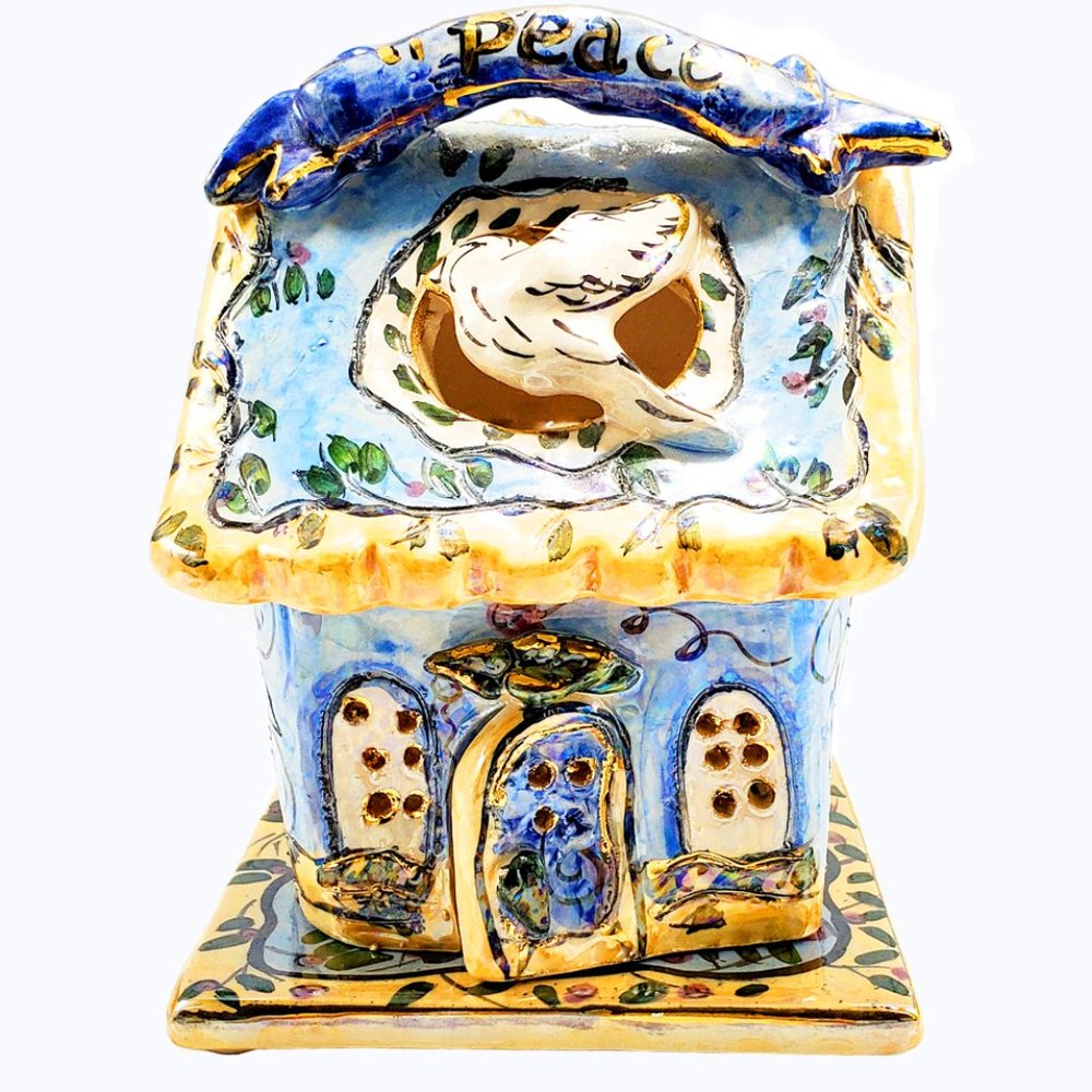 Blue Sky Clayworks Heather Goldminc PEACE 2001 Candle House w/Base Hand Painted